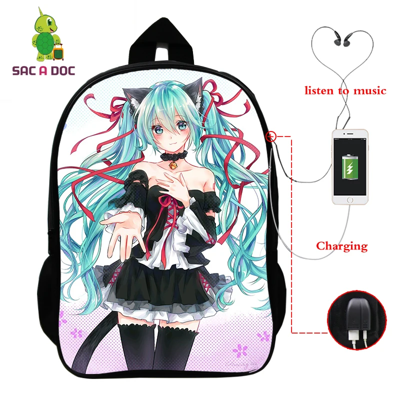 Многофункциональный рюкзак VOCALOID Hatsune Miku, зарядка через usb, разъем для наушников, для ноутбука, для подростков, мальчиков, девочек, школьные рюкзаки для косплея