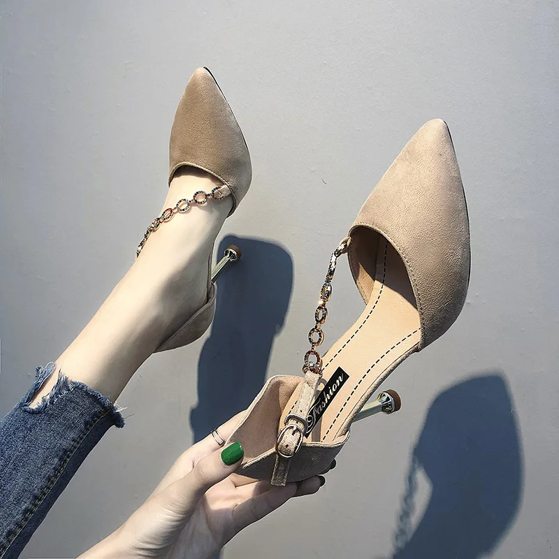 

2019 Summer New Style High Heel Shoes Thin Heeled Pointed-Toe Versatile Rhinestone Chain Hallow A- line with Women's