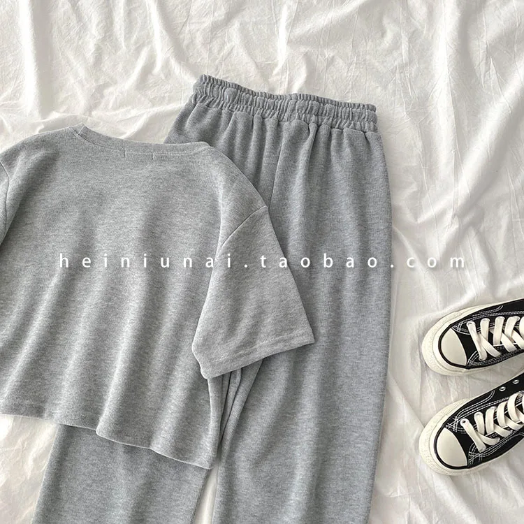 Casual Student Two-piece Suit Summer Women Tracksuit Fashion Short Top+High Waist Harem Ankle Length Pant For Height Under 165cm