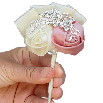 

2piece/lot champagne Artificial Flower Lapel Pin Mens Wedding Boutonniere Wholesale Wedding Brooch Crystal Grooms Boutonnieres