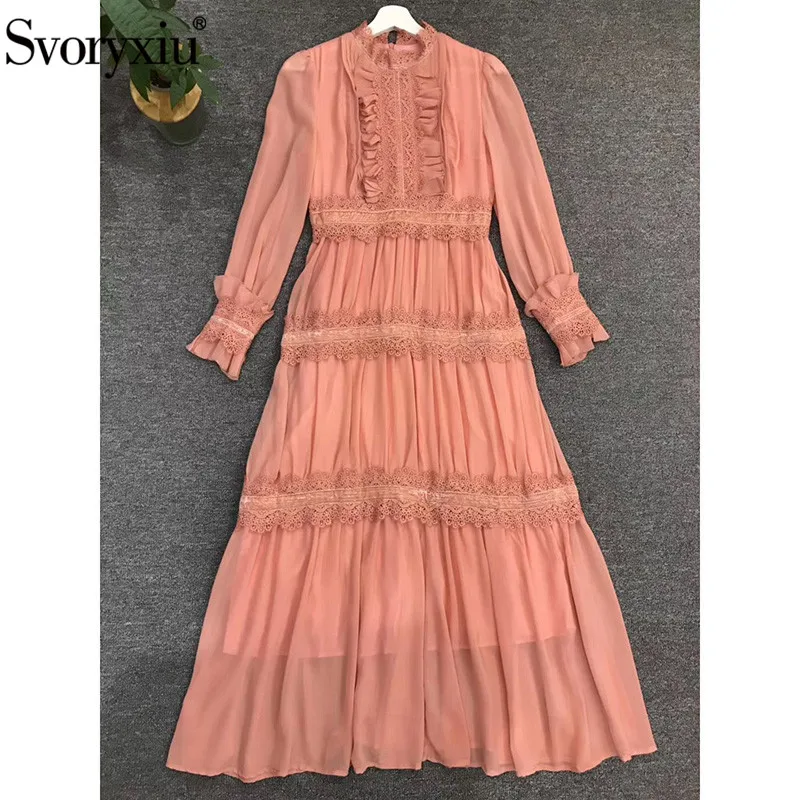 

Svoryxiu Designer Elegant Autumn Winter Maxi Dress Women's High Quality Lace Embroidery Ruffles Long Seeve Long Dress Vestdios