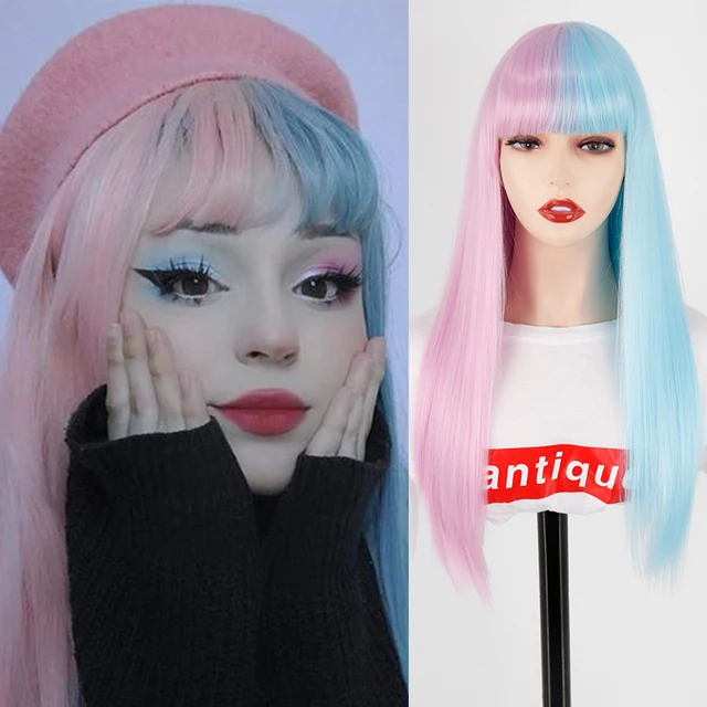 Synthetic Hair Pink and Black Wig Long Straight hair Cosplay Wig Two Tone Ombre Color Women Wigs #35