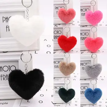 

hot 1PC Heart Women's Key Chains For Bag Fluffy Jewelry Accessories Faux Rabbit Fur Car Key Ring 10CM Cute Keychains