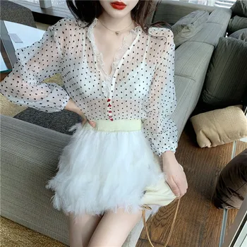 

Women New Spring 2020 Fashion Two Pieces Skirt Sets Polka Dot Transparent Mesh Shirts&Mini Fur Skirt Suits Sexy 2pc Dress Sets
