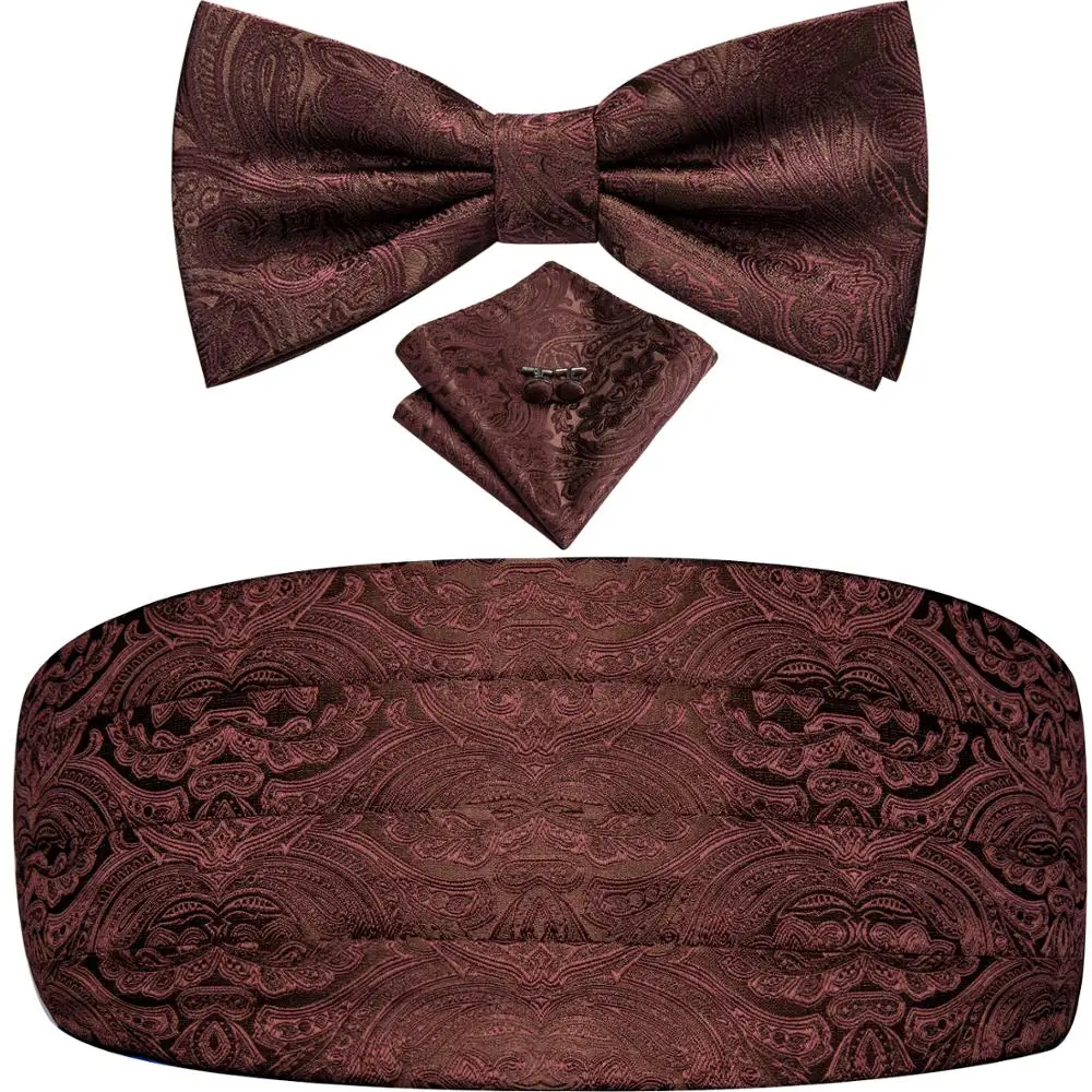 YF 2020 Mens Brown Cummerbunds Bow Ties Pocket Squares Cufflinks Set