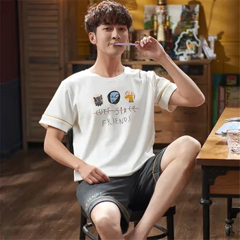 

Comfortable pajamas short-sleeved shorts 2020 spring and autumn men's cotton men's thin section home service two-piece suit 3XL