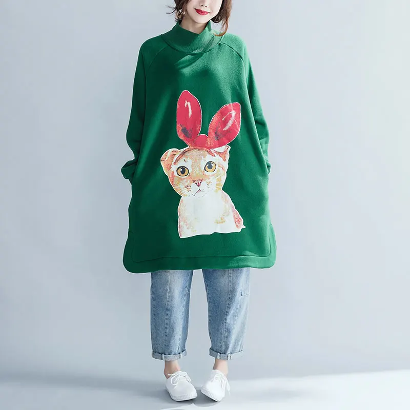 

New Fashion Women Autumn Winter Sweatshirt Mock Neck Long Sleeve Kawaii Cartoon Cat Printed Loose Casual Long Pullover Tops 2019