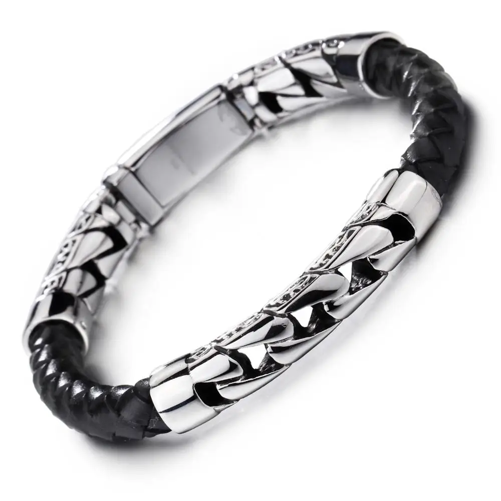 Панк мужской браслет из нержавеющей стали Серебряная цепочка черный кожаный браслет