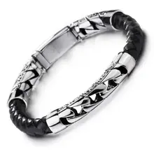 Панк мужской браслет из нержавеющей стали Серебряная цепочка черный кожаный браслет