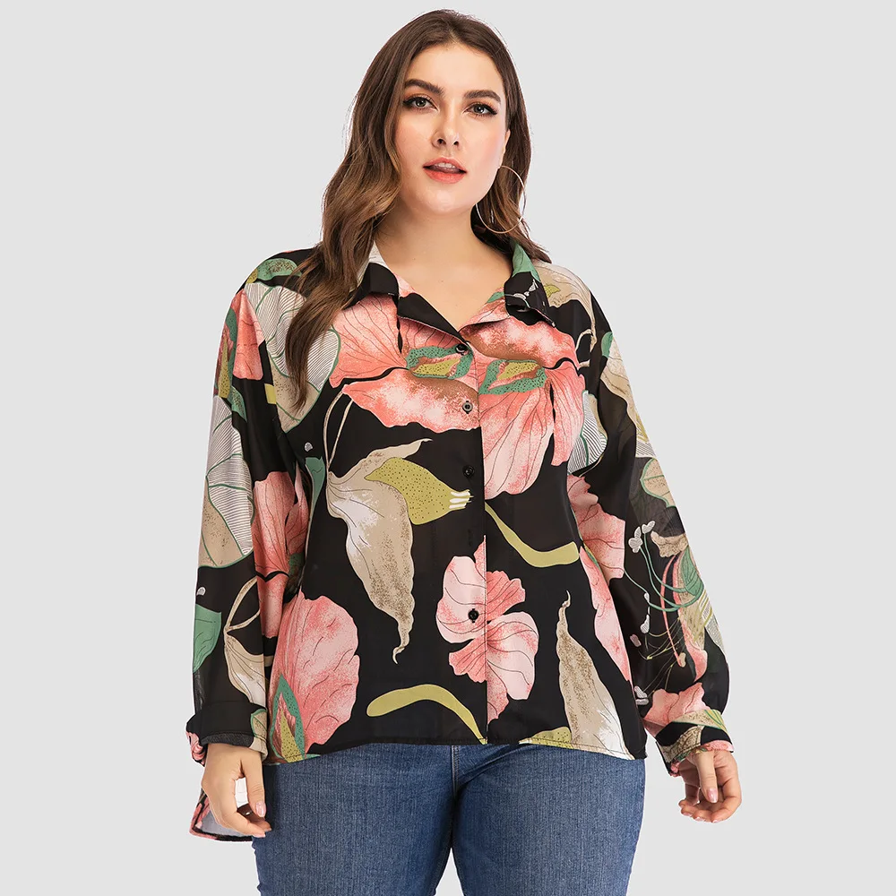 

Women Shirts Plus Size 2019 Summer Turn Down Collar Long Sleeve Floral Print Blouse Shirt Tops Large Size Women Shirts