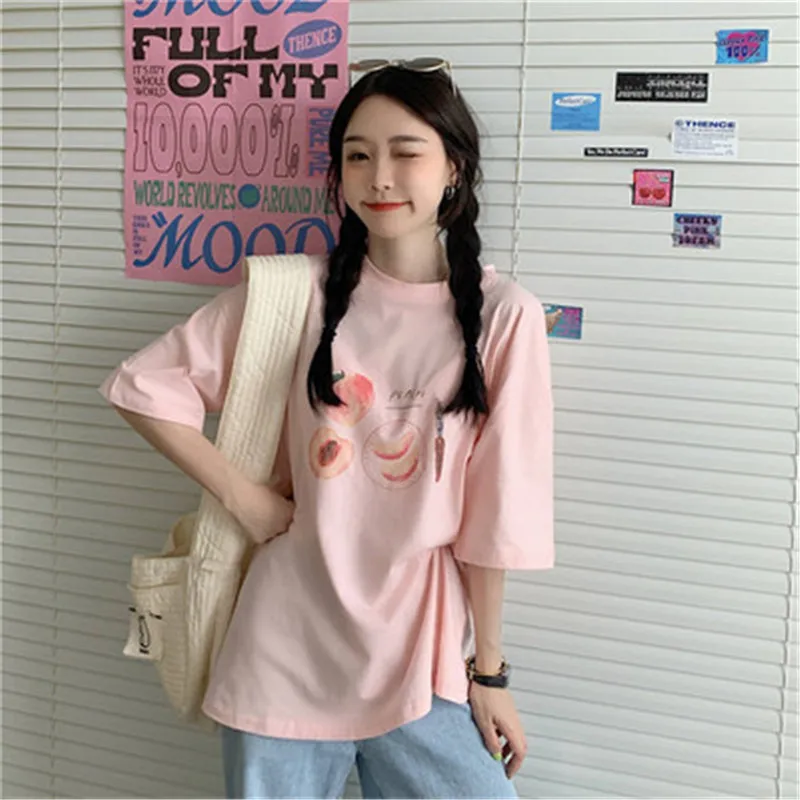 2020 Новое поступление милая персиковая Camiseta Femme Корейская шикарная свободная