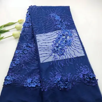 

blue color handmade 3d flower beaded sequins embroideried french net tulle lace fabric plenty hand work luxury style cloth
