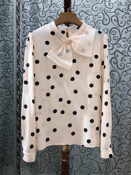 

2019 Early Autumn New Woman Bow Neckle Point Printed Long Sleeve Bottom Shirt 827