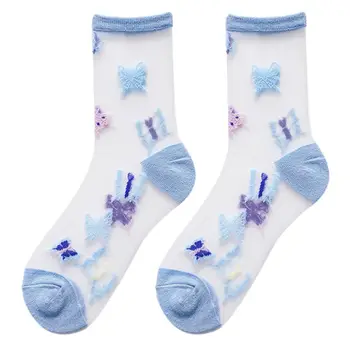 

Women Summer Crew Socks Glass Fiber Transparent Cartoon Cat Jacquard Hosiery