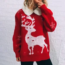 

Winter New Fashion Casual Loose Round Neck And Long Sleeves Stitching Lapel Christmas And New Year Themed Women's Sweater