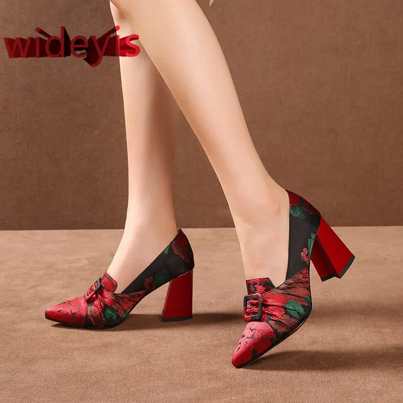 

Shoes woman WIDEYIS 2019 summer new national style wild fashion high-heeled shoes pointed with thick sheepskin lining shoes