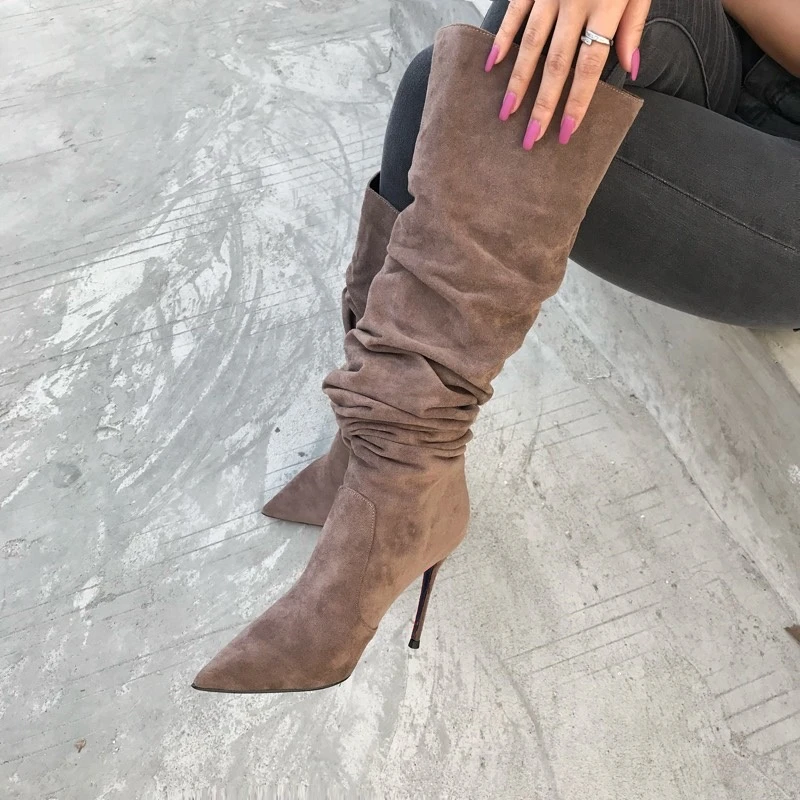 Botas altas plisadas de ante para mujer, zapatos de vestir de talla 10, de punta estrecha, hasta el muslo, tacón de aguja, color gris, gran oferta|Botas la rodilla| - AliExpress