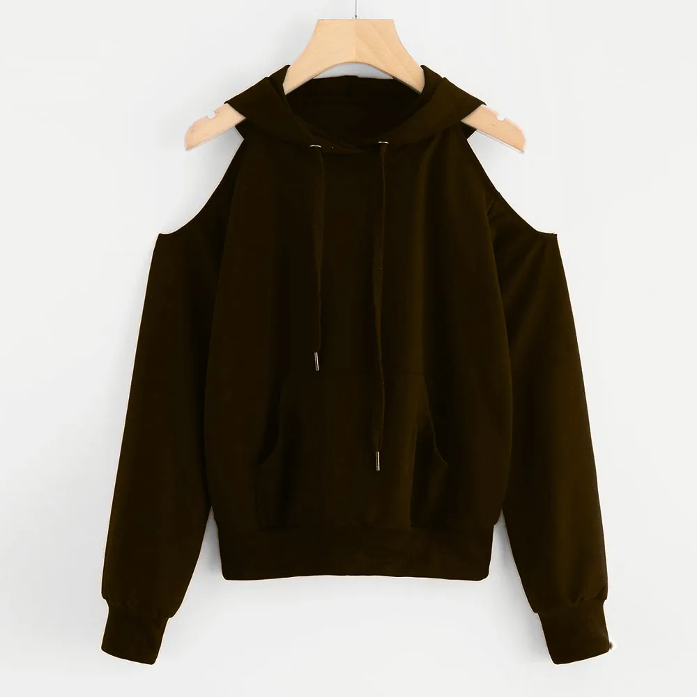 JAYCOSIN Fashion Women Casual Simple Loose Off Shoulder Hooded Sweatshirt Long Sleeve Comfortable Soft Pure Color Blouse