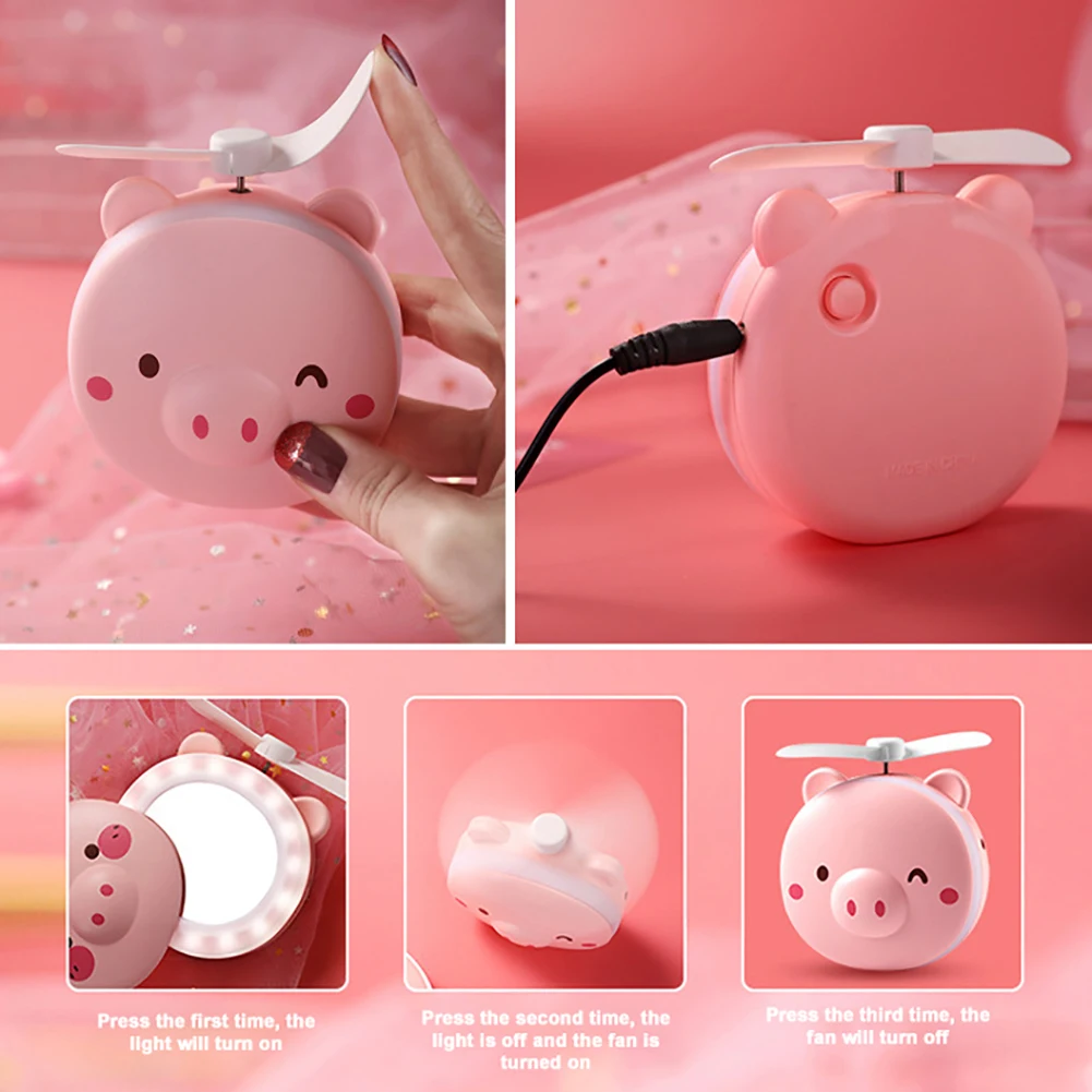 Mini Portable Cartoon Pig USB Rechargeable LED Fill Light Makeup Mirror Fan Portable Handheld Mini Fan