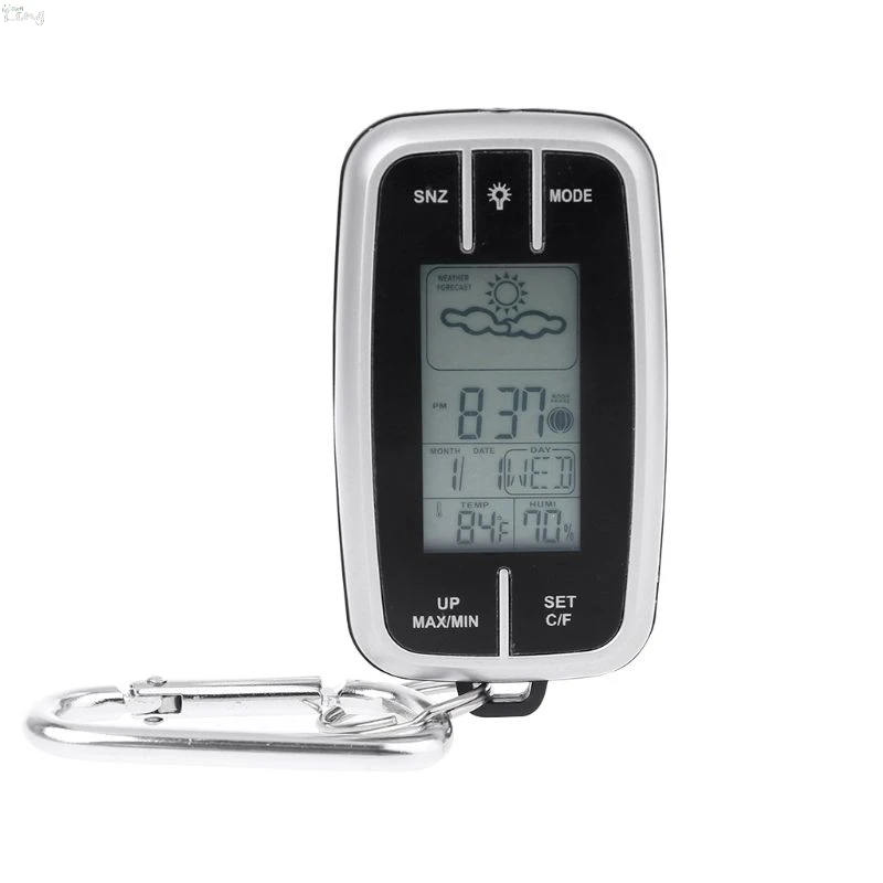 Mini Portable Weather Station Forecast Temperature Humidity Clock w Flashlight& Compass Thermometer Pocket Outdoor EDC Tool