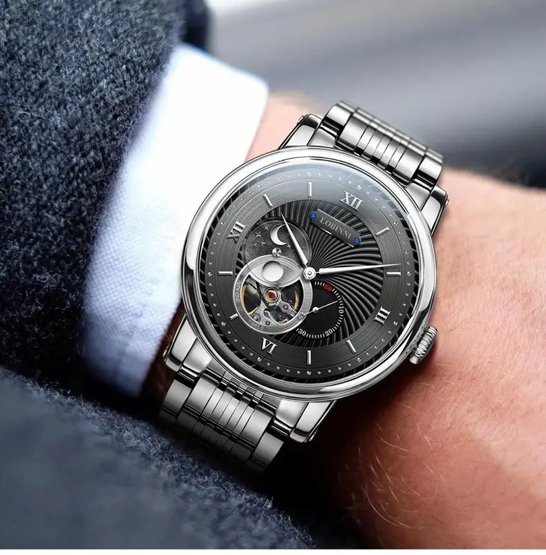 Switzerland LOBINNI мужские часы люксовый бренд с Citizen Move Мужские t автоматические механические мужские скелетоны фаза Луны relogio L18013