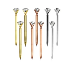 

50 Pcs/lot Big Crystal Diamond Metal Ballpoint Pen Ring Wedding Office Gift Roller Ball Pens Black Blue ink