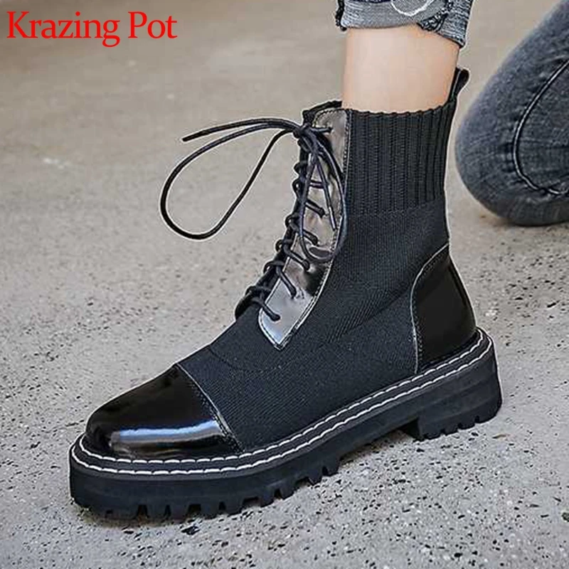 

krazing pot new arrival cow leather round toe cross-tied med heels lace up knitting black streetwear keep warm ankle boots L07