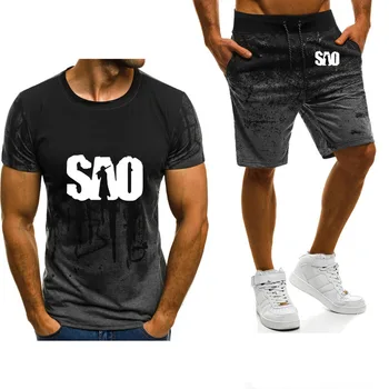 

Men's short sleeve SAO Sword Art Online Printed Spring Autumn Gradient High Quality Cotton casual Men's T-Shirt+Pants Suit 2PcsT