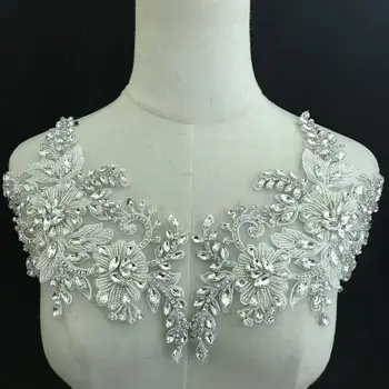 

Rhinestone florals applique by pair, crystal flowers bodice patch heavy bead handmade rhinestone applique for bridal embellishm