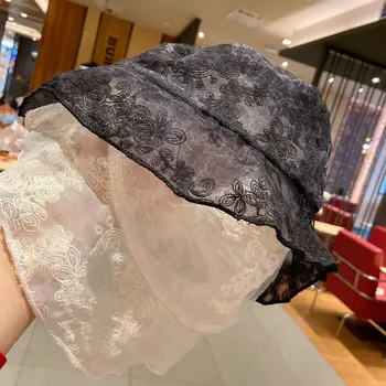 

Japanese White Black Organdy Sun Hat Soft Lace Embroidery Flower Bucket Hat Elegant Ladies Breathable Foldable Beach Summer Hat