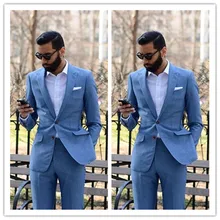 New Custom-made Light Blue 2 Pieces Men Suits(Jacket+ Pants) Slim Fit Groom Prom Tuxedo Summer Style Blazer for Men