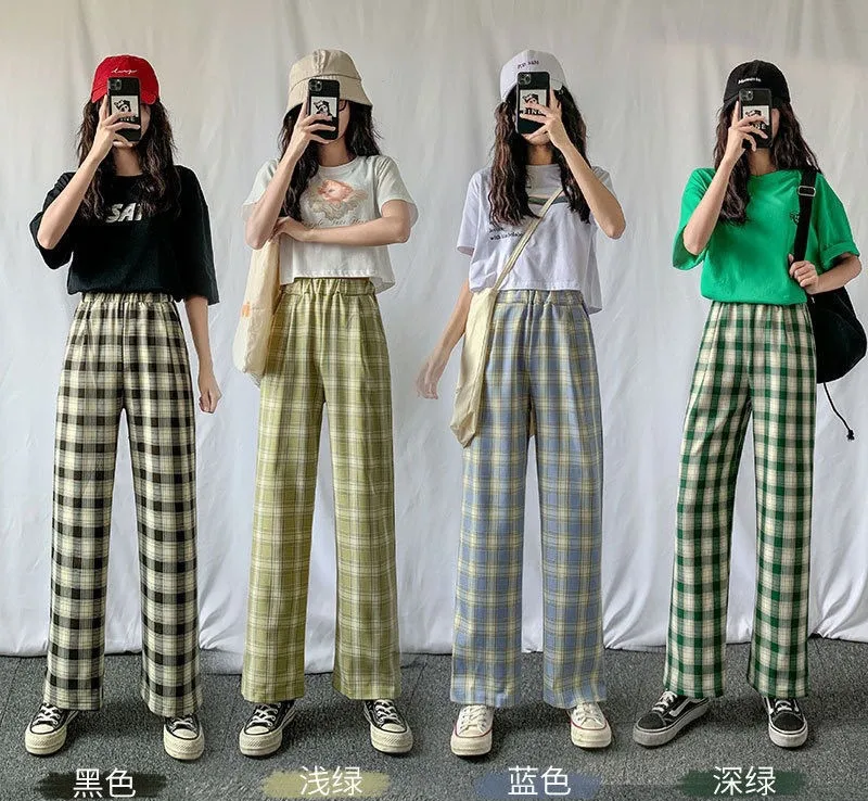 Vintage Plaid Women Pants High Waist Wide Leg Straight Pant Loose Casual Female Trousers Wide Leg Pant Fashion Streetwear baggy jeans