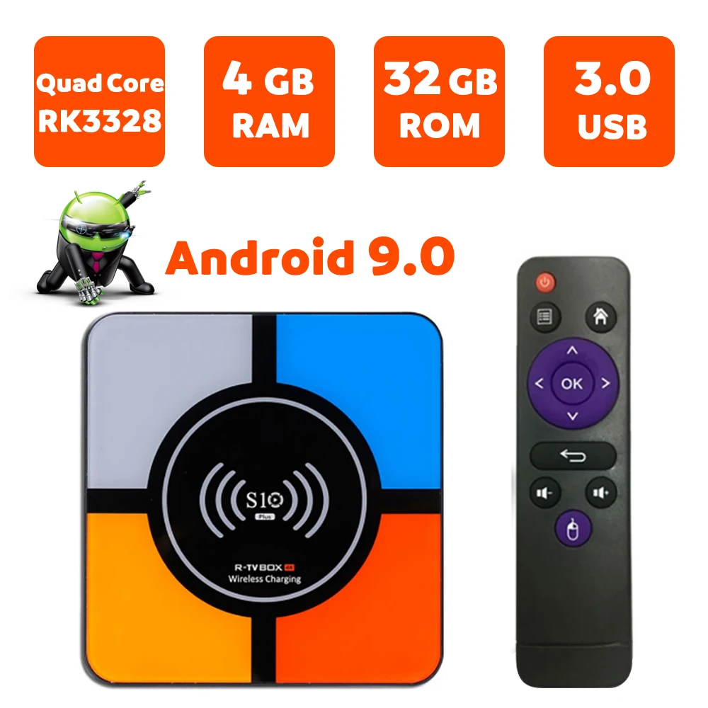 

TV Box S10 Plus Android 9.0 Smart Wireless Fast Charging RK3328 Quad core 4GB 64GB Wifi 4K H.265 USB3.0 Smart TV Set top Box
