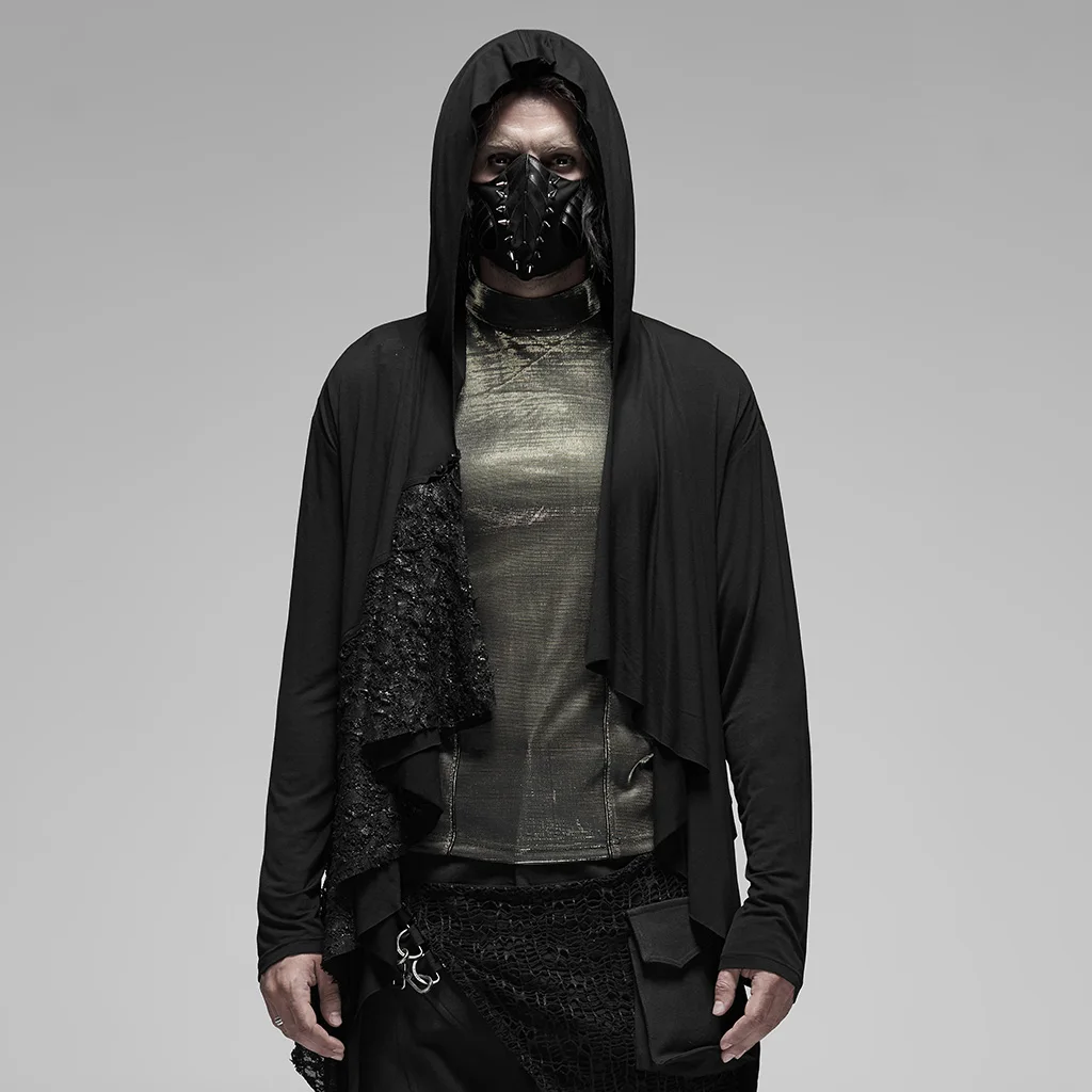 

PUNK RAVE MenBlack Punk Irregular Stitching Sweater Dark Texture Knit Metal Nail Decoration Asymmetrical Hem Hooded Jacket