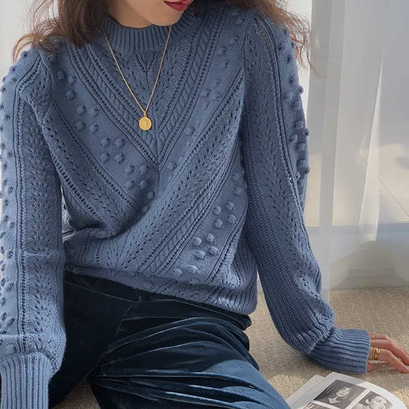 Women Sweater New Hollow Three dimensional Fur Ball Wool Sweater Knit 3 Colors with Nice Pins As Gifts on AliExpress
