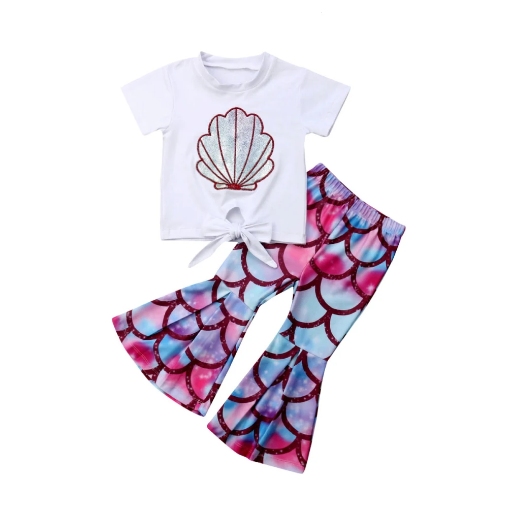 2 предмета, летние топы с русалками для маленьких девочек, расклешенные штаны, комплекты летний костюм для малышей, топы с русалками для маленьких девочек