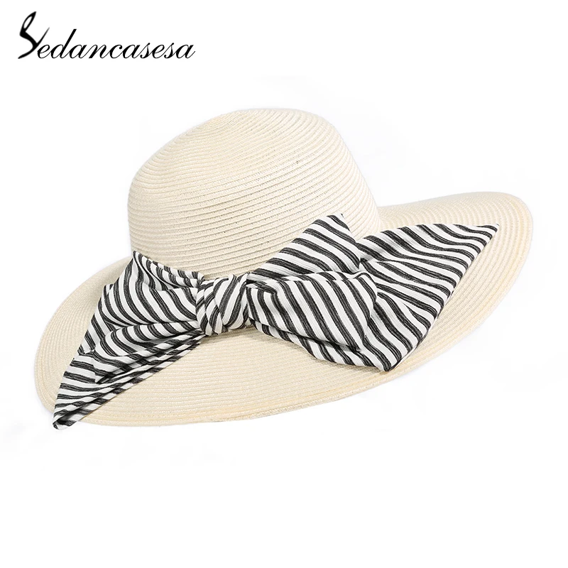 Sedancasesa, новые модные летние шляпы ручной работы для женщин, соломенные шляпы от солнца, козырьки для девочек, шапки с бантом и защитой от УФ-излучения SW012805