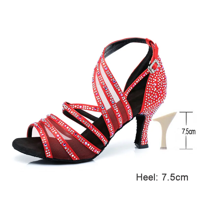 Red 7.5CM HROYL/женские туфли для латинских танцев для девушек; женские туфли со стразами для бальных танцев; танцевальные туфли для танго; 10/8. 5/7. 5/6 см; каблуки; Прямая поставка - Цвет: Red 7.5CM