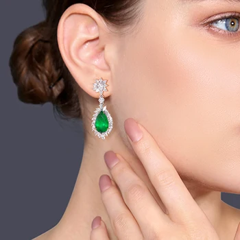 

Female Crystal Water Drop Stone Dangle Earrings Bright Wedding Green Zircon Long Drop Earrings For Women Z3D430