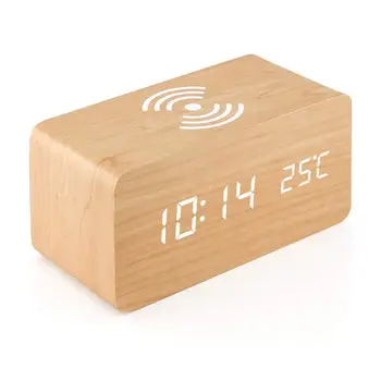 

Wooden Alarm Clock With Qi Wireless Charging Pad Compatible With For Iphone Samsung Wood Led Digital Clock Sound Control Functio