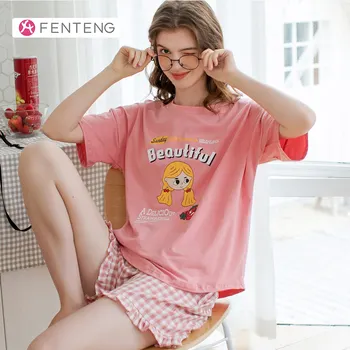 

FENTENG Spring Summer Pajamas Set Causal Cartoon Printed Pajamas For Women Oneck Elastic Waist Plaid Short Sleep Top X98122401