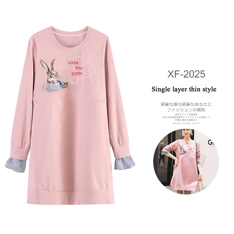 Свитер средней длины для беременных, топы для беременных с рисунком кролика, зимняя одежда для беременность материнство - Цвет: Pink Single layer