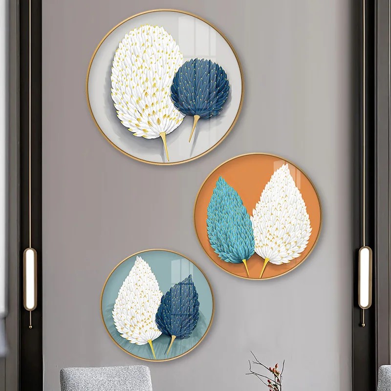 

Entrance porch round decorative feather background wall Crystal porcelain painting simple restaurant bedroom hanging painting