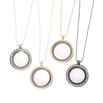 

Round Locket Necklaces Glass Photo Frame Pendant Necklace Open Round Rhinestone Long Chain Necklace Women Fashion Jewelry