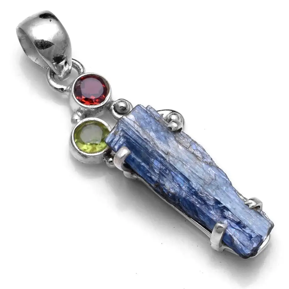 

Genuine Kyanite Rough + Peridot Pendant 925 Sterling Silver, 47.8 mm, 2SP0643