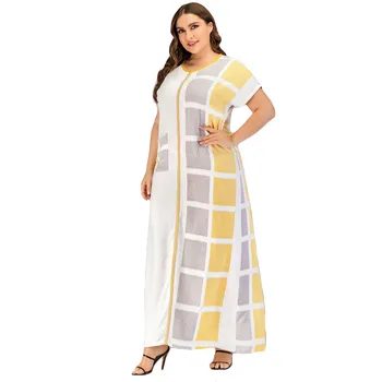 

Muslim Women Loose Long Dress Arab Jilbab Abaya Casual Ramadan Maxi Robe Plus Size Color Block O-neck Summer Short Sleeve Gown