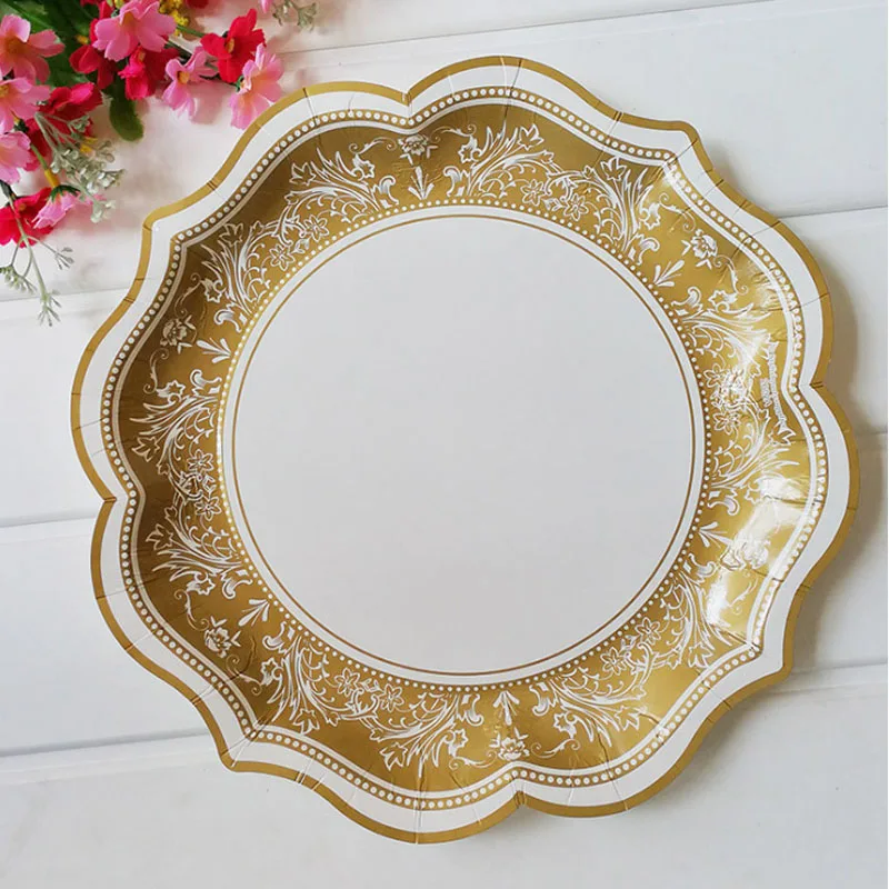 

6Style Large Retro Gold Flower Party Disposable Tableware Engagement Bridal Shower Paper Plate for Vintage Cocktail Party Decor