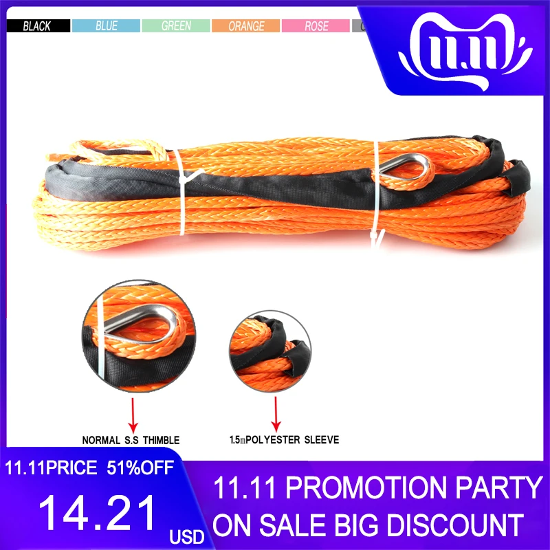 Billig 1 4 x50 6mm * 15m 12 strand off road uhmwpe synthetische abschleppen winde seil mit 1,5 m hülse und fingerhut für ATV UTV SUV 4X4 4WD