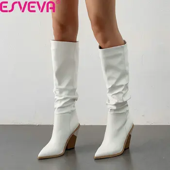 

ESVEVA 2020 Soft PU Leather Autumn Winter Knee High Boots Sexy Pointed Toe Square High Heel Slip on Women Shoes Big Size 34-43