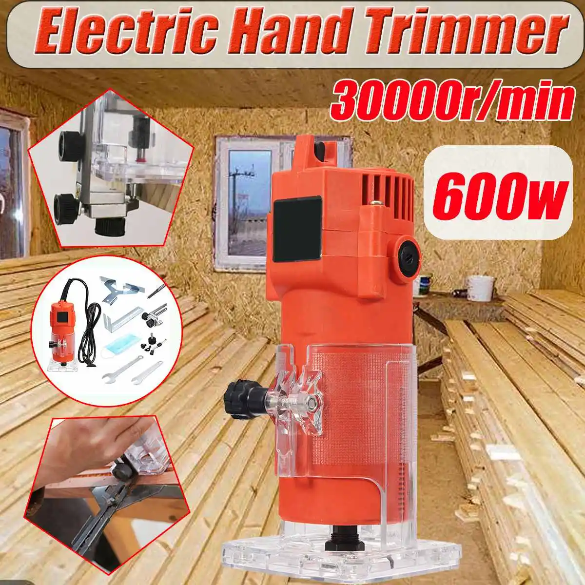 

MPT Electric Hand Trimmer 220V 600W 30000r/min 6.35mm Wood Trimmer Copper Motor Trimmer Carving Wooden Laminator Router